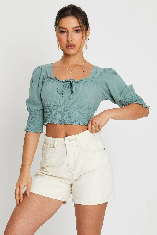 Women Clothing Green Crop Top Short Sleeve