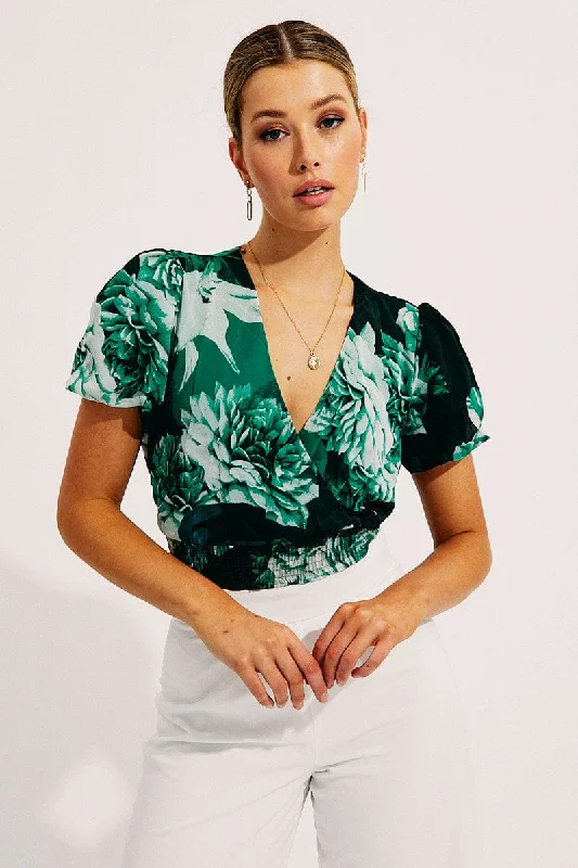 Women's Night-Out Outfit Floral Print Short Sleeve Floral Print V-Neck Crop Top