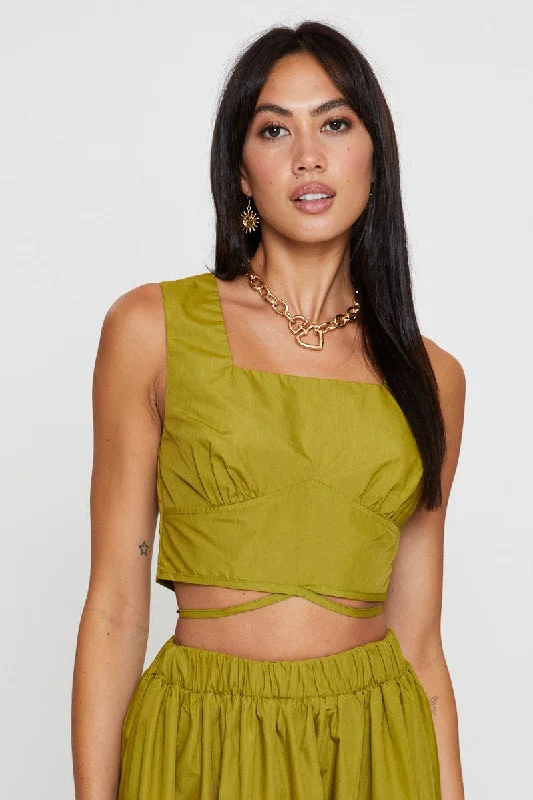 Premium Fabrics Green Crop Top Sleeveless Gathered Bust