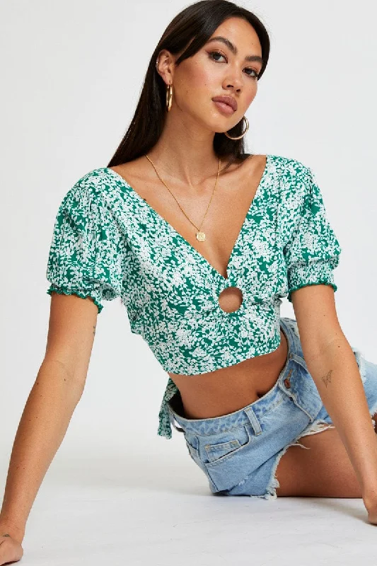 Best Online Women's Boutiques Ditsy Print Crop Top Short Sleeve Tie Up