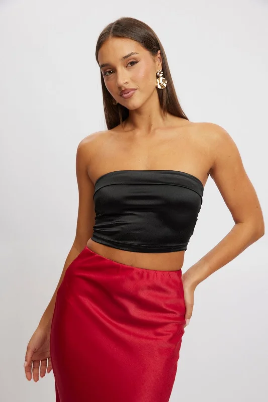 Women's Comfy Attire For Lounging Black Satin Crop Top Strapless