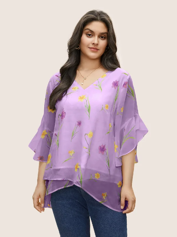 Sale For Women Floral Tiered Mesh Asymmetrical Hem Blouse