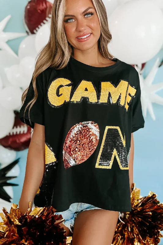 Sophisticated Style "Game On" Oversized Sequin Graphic Top (Black)