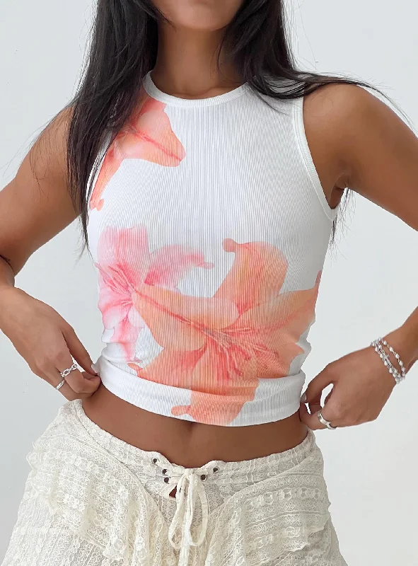 Women Clothing Hibiscus Tank Top White / Multi