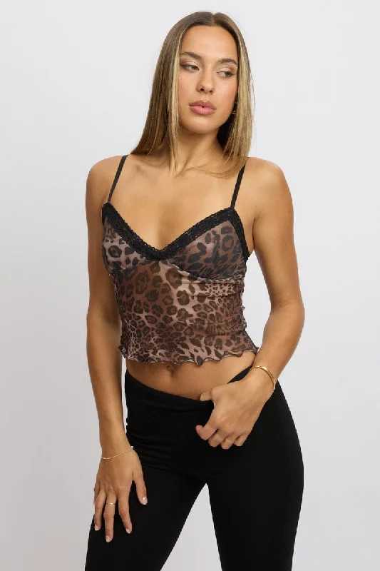 Flash Sale Or Flash Sales Brown Animal Print Singlet Top Mesh