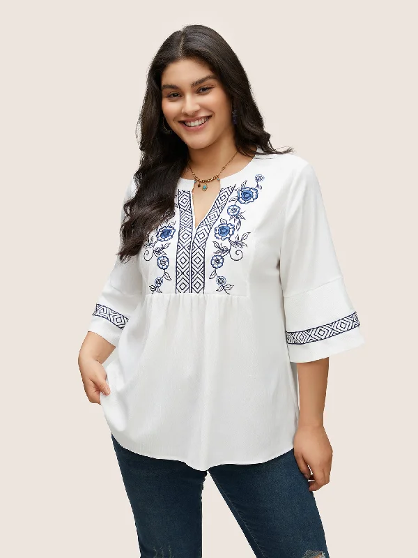 Save Big Boho Print Embroidered Gathered Notched Blouse