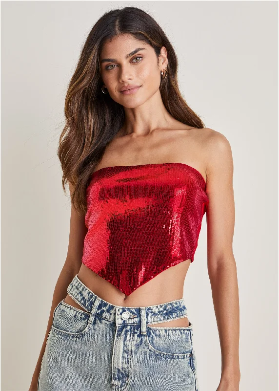 Casual Chic Clothing Sequin Bandana Top - Red