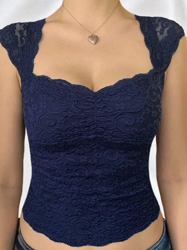 Women's Formal Event Attire Cosybreezee - Vintage Dark Blue Lace Short Sleeve Top