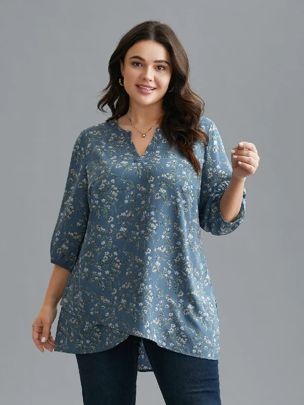 Stylish Loungewear for Women Floral Asymmetrical Hem Elastic Cuff Blouse