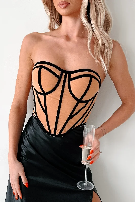 Casual Chic Skipping The Line Velvet Mesh Corset Top (Nude)