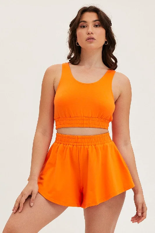 Women's Athletic Apparel Orange Crop Top Loungewear Set