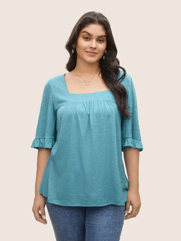 Women's Formal Event Attire Sqaure Neck Ruffle Sleeve Gathered T-shirt