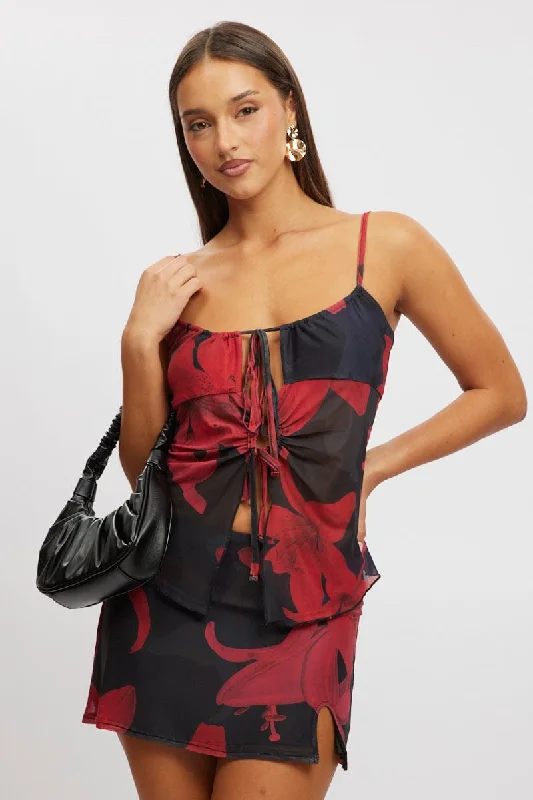 Fashionable Women's Wardrobe Black Floral Singlet Top Tie Up Front