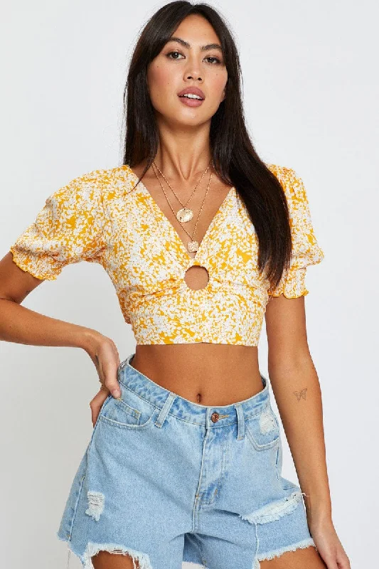 Outlet Clothing Ditsy Print Puff Sleeve Top Short Sleeve Crop