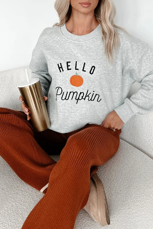 Unique Women's Fashion Pieces Welcoming Fall "Hello Pumpkin" Crewneck Sweater (Grey)