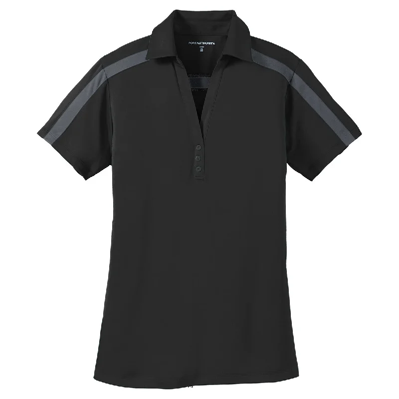 Women's Vacation Outfit Port Authority Women's Black/Steel Grey Silk Touch Performance Colorblock Stripe Polo