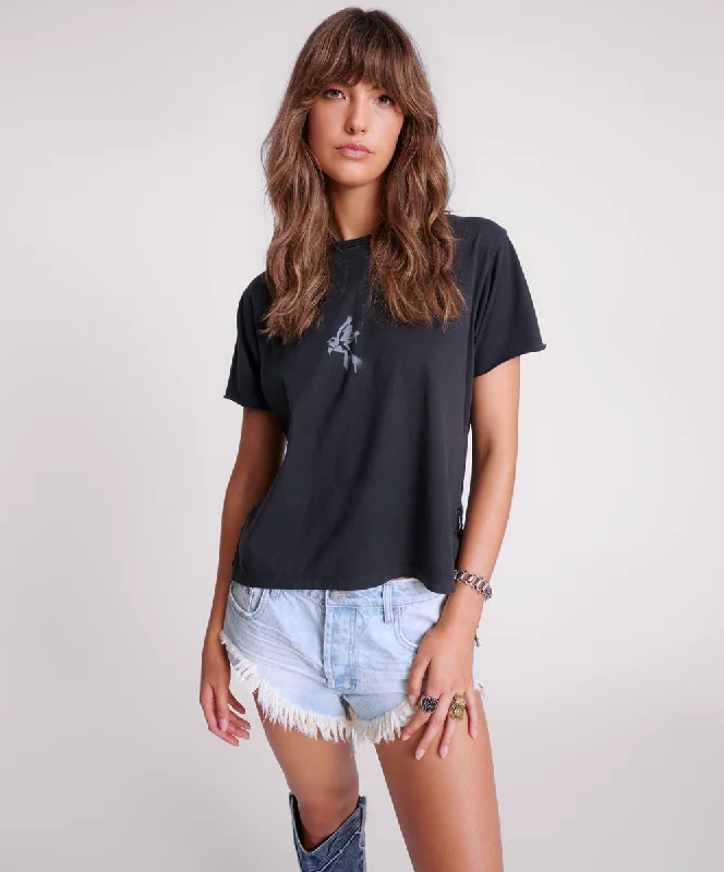 Women's Luxury Garments BLACK GRAFFITI BIRD SPLIT HEM TEE