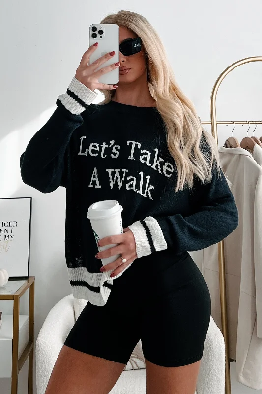 Women's Holiday Attire "Let's Take A Walk" Lightweight Knit Sweater (Dark Navy/White)