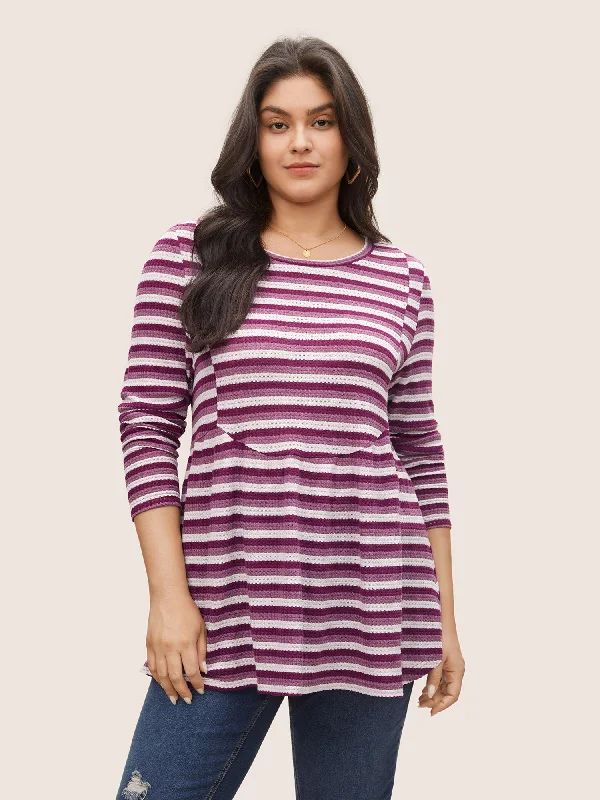 Women's Office Attire Striped Waffle Knit Crew Neck T-shirt