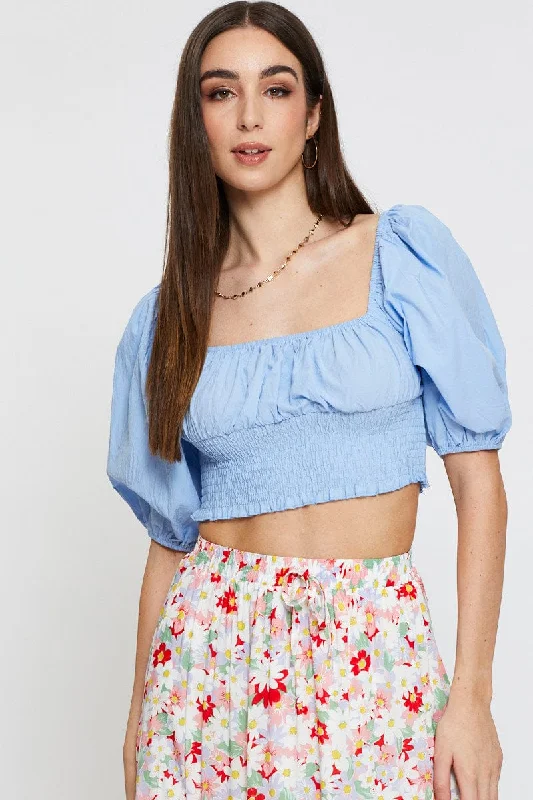 Vintage-Inspired Women's Apparel Blue Crop Top Short Sleeve Shirred Waist