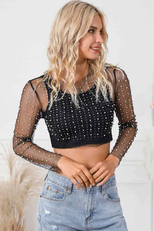 Women's Trendy Outfit Cosybreezee - Pearl Top Mesh Sleeves - Long Cropped