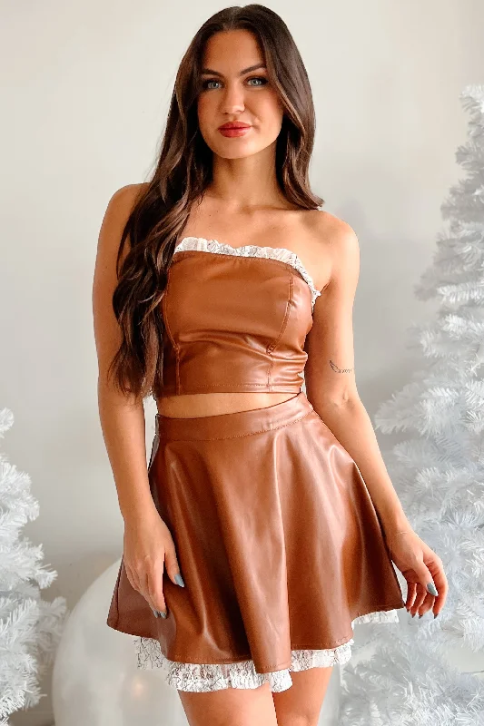 Chic Casual Wardrobe Essentials DOORBUSTER Flirty Tendencies Ruffle Lace Faux Leather Tube Top (Brown)