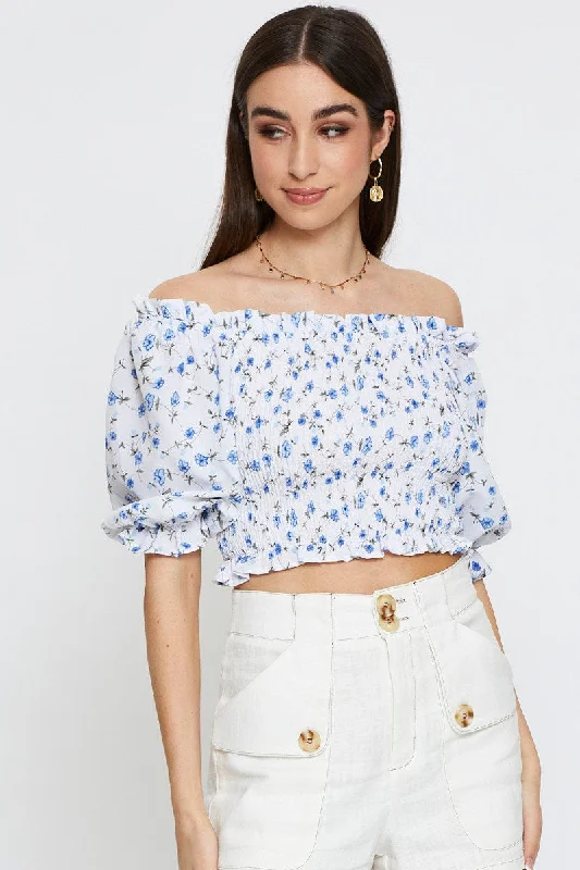 Elegant Clothing Geo Print Crop Top Short Sleeve Off Shoulder