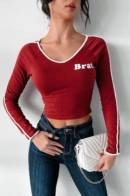 Casual Dresses for Women "Brat" Graphic Long Sleeve Top (Burgundy)