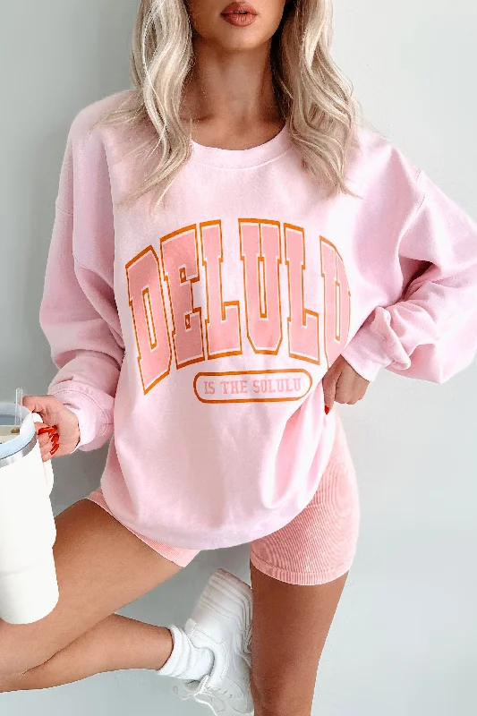 Women's Elegant Evening Attire "Delulu Is The Solulu" Graphic Sweatshirt (Light Pink)