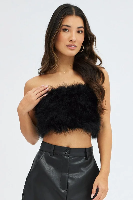 Luxury Women's Fashion Black Feather Bandeau Top