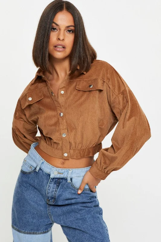 Best Online Boutiques For Women Brown Crop Button Front Shirt