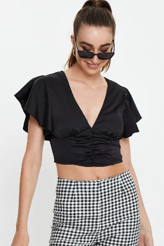 Modern Casual Clothing Black Button Front Satin Crop Top