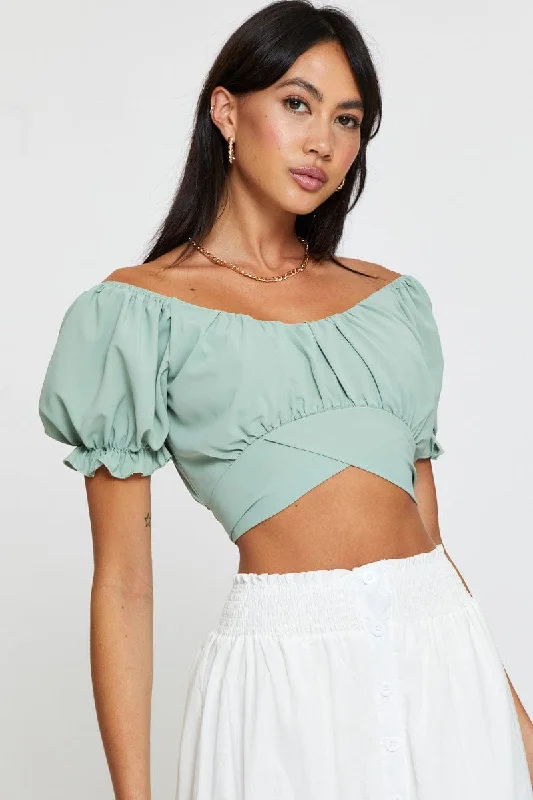 Modern Casual Clothing Green Crop Top Short Sleeve Off Shoulder