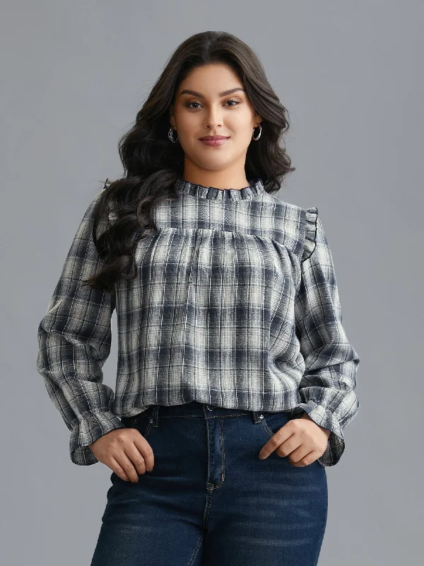 Women's Trendy Outfit Plaid Ruffle Trim Gathered Blouse