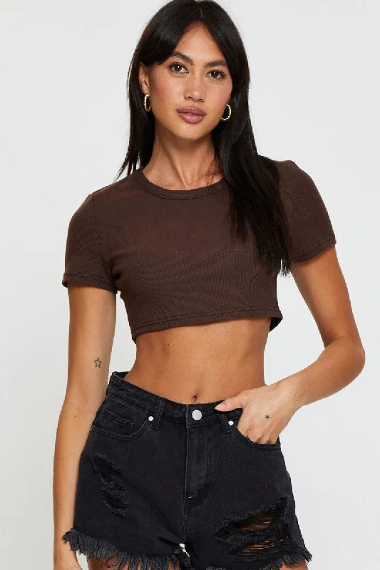 Women's Athletic Apparel Brown Rib Crop Top Short Sleeve