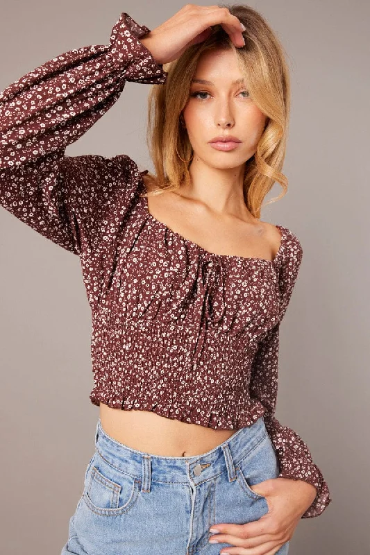 New Arrival Discount Brown Ditsy Crop Top Long Sleeve Shirred Waist