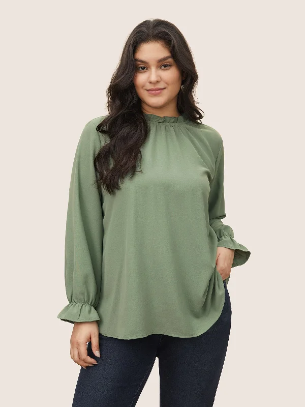 Discount Store Plain Lantern Sleeve Ruffle Trim Mock Neck Blouse