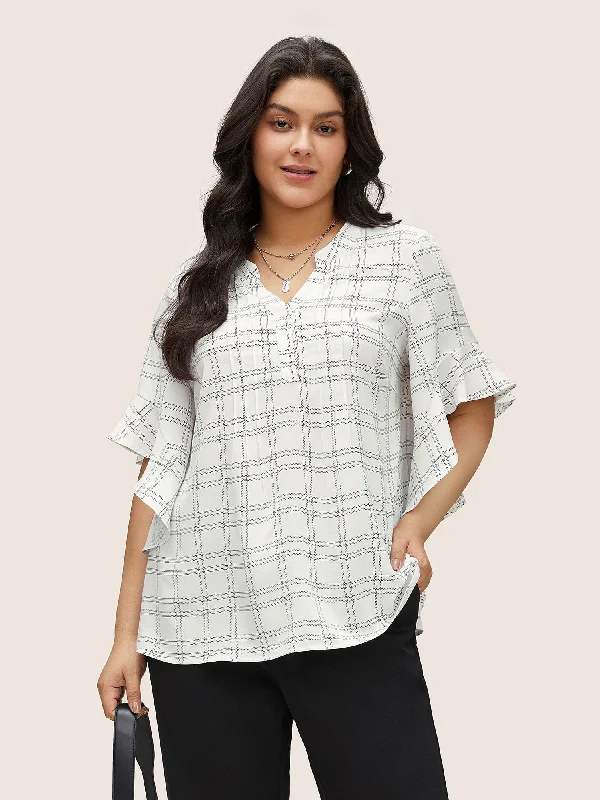 Chic & Cozy Apparel Plaid Notched Patchwork Ruffle Sleeve Blouse