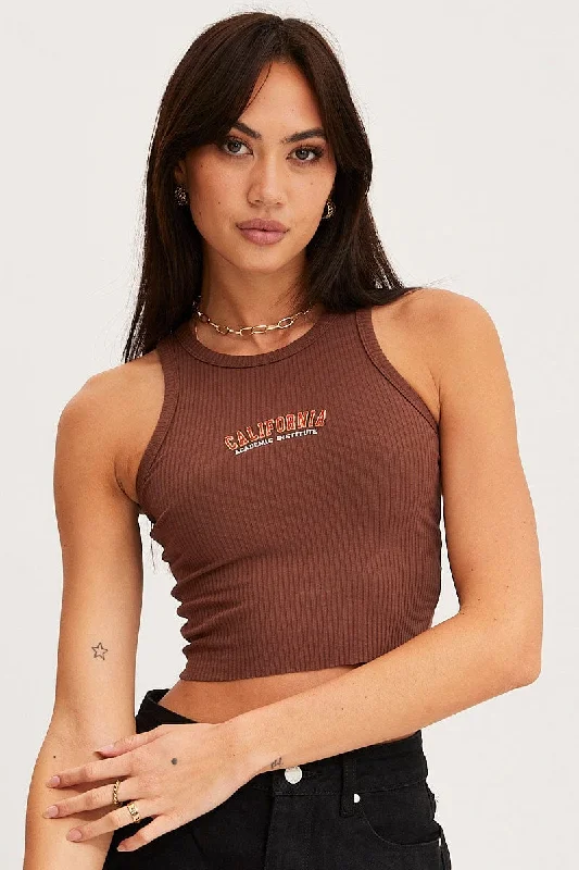 Relaxed Fit Women's Fashion Brown Graphic Tank Embroided