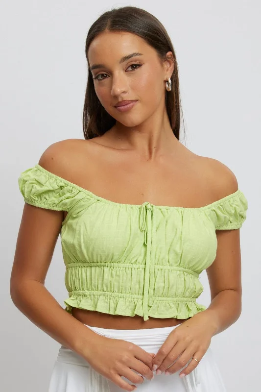 Women's Trendy Outfits Green Ruched Top Short Sleeve Linen Blend