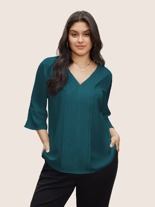 Trendy Boutiques Online V Neck Plain Ruffles Pleated Blouse