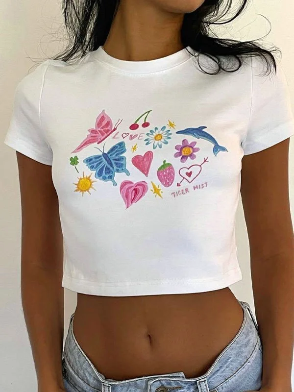 Women's Comfortable Garments Cosybreezee - White Vintage Fruity Butterfly Print Crop Top