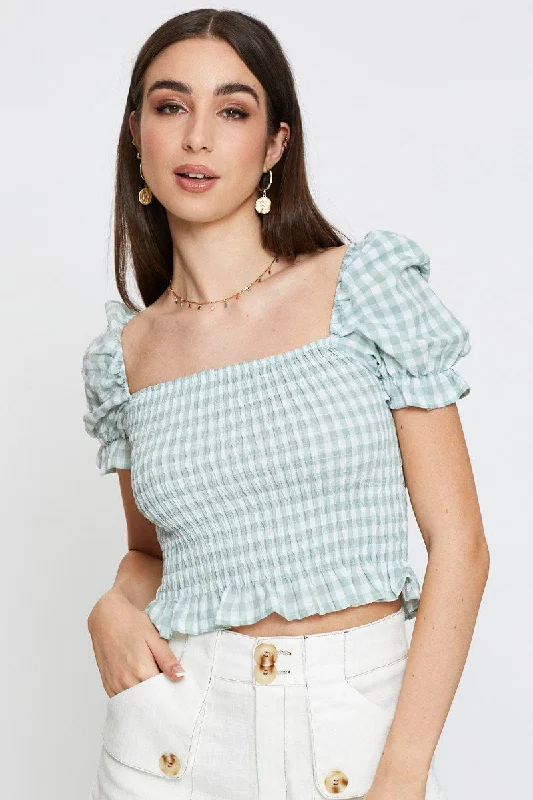 Laid-Back Elegance Check Crop T Shirt Short Sleeve Square Neck