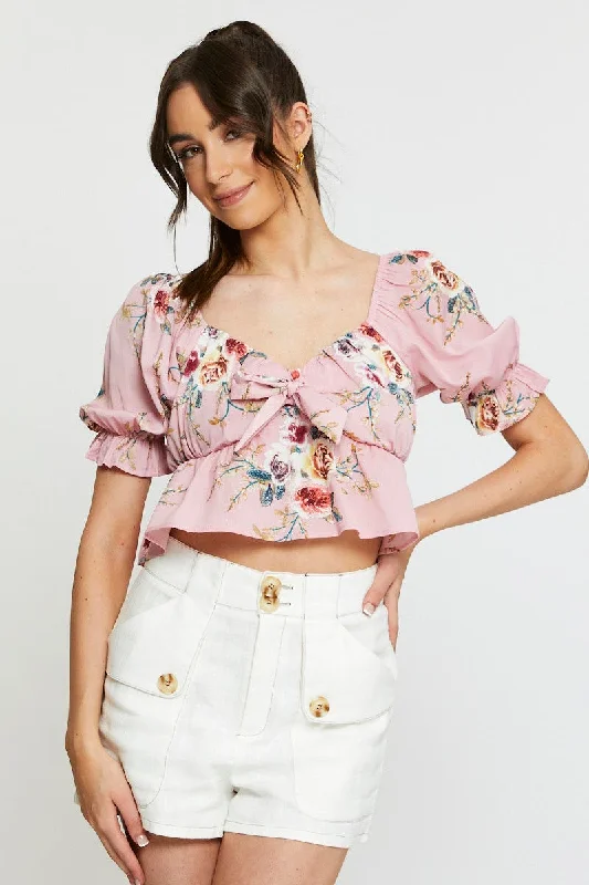 Stylish Savings Print Crop Top Short Sleeve Tie Up