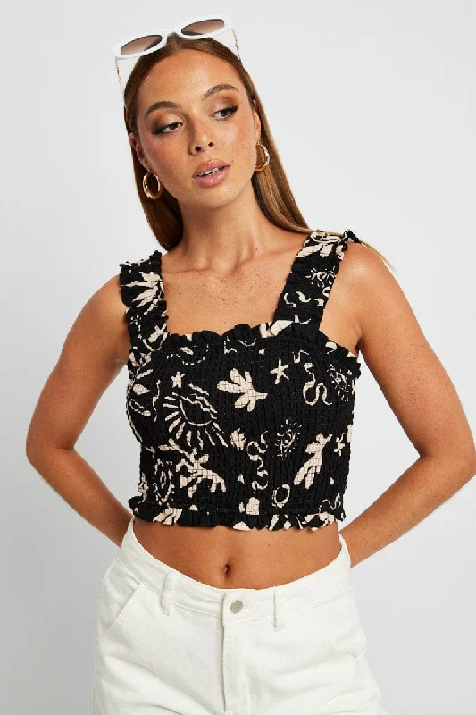 Flash Sales Today Black Abstract Crop Top Sleeveless