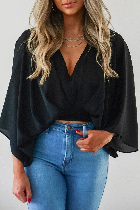 Sale On Sale Cosybreezee - Crop Neck Top with V Black Flared Sleeves