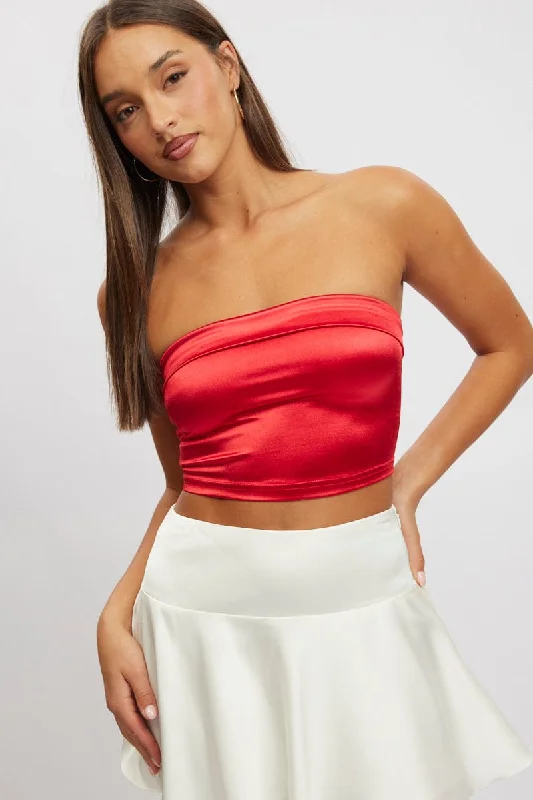 Women's Athletic Garments Red Satin Crop Top Strapless