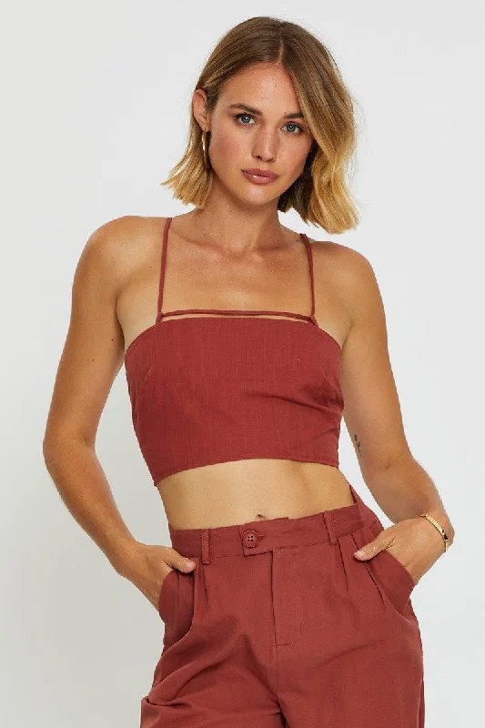 Clothing Online Brown Crop Top Linen Blend