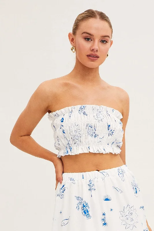 Casual Outfit For Women White Abstract Bandeau Top Shirred Print