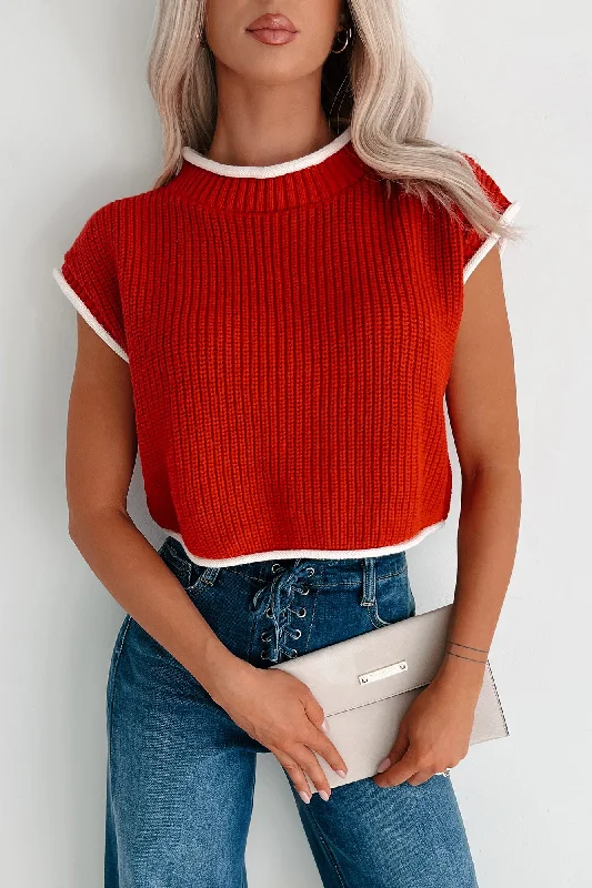 Clothes For Sale Savoring The Present Contrast Trim Crop Sweater (Red)